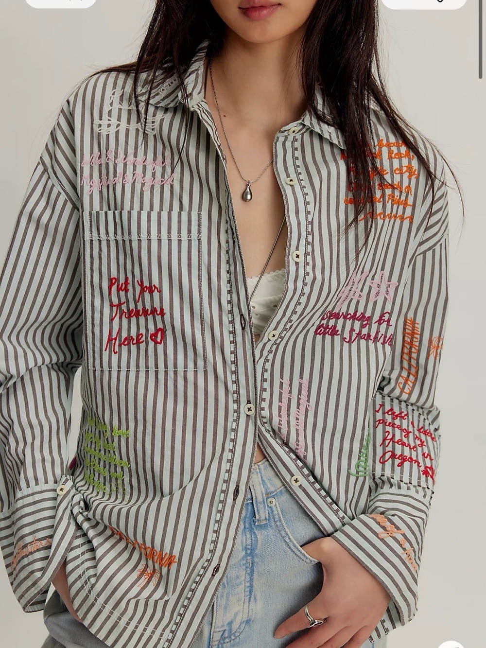 We The Free Striped Button-Down Shirt with Multicolor Embroidery - Picture 1 of 10